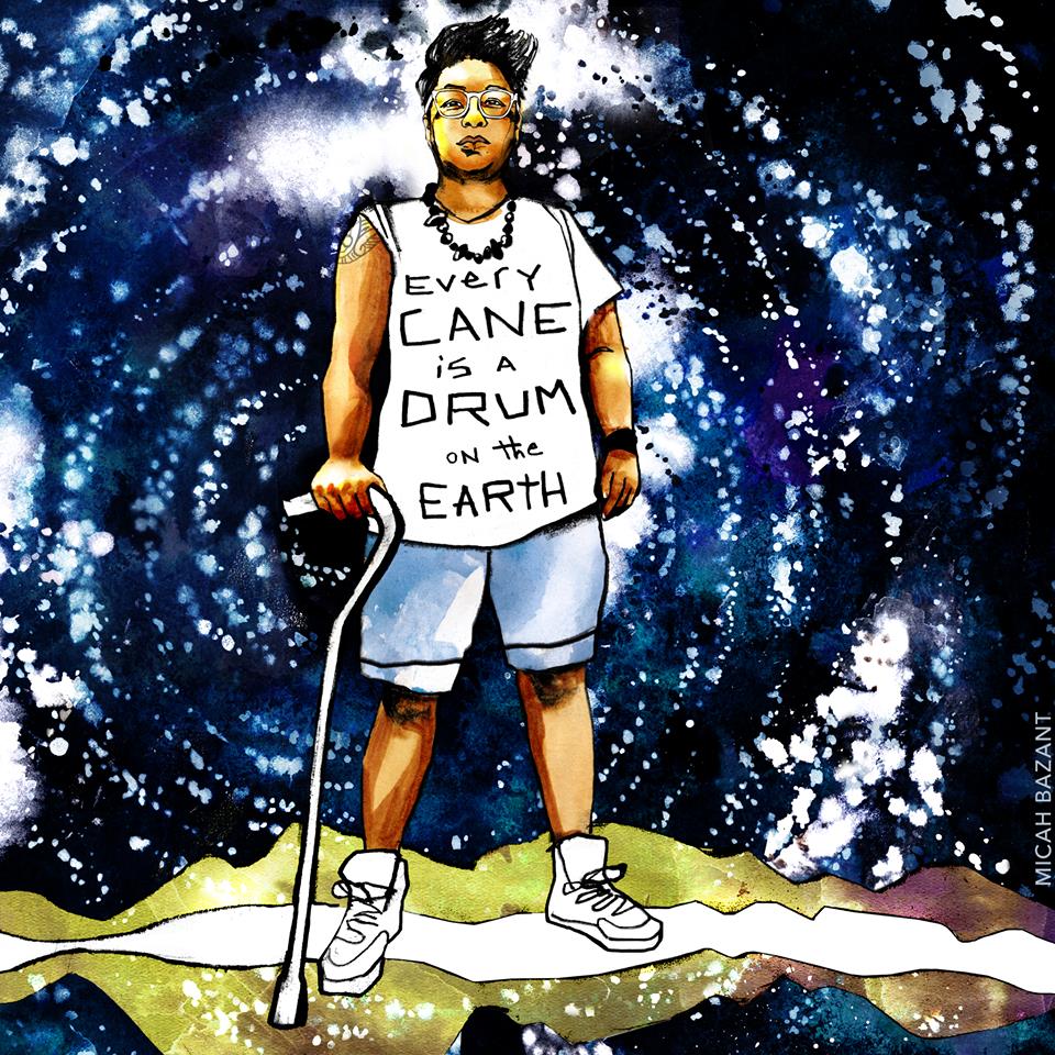 Drawing of a black disabled person standing with their cane wearing a tshirt that says "every cane is a drum on the earth."